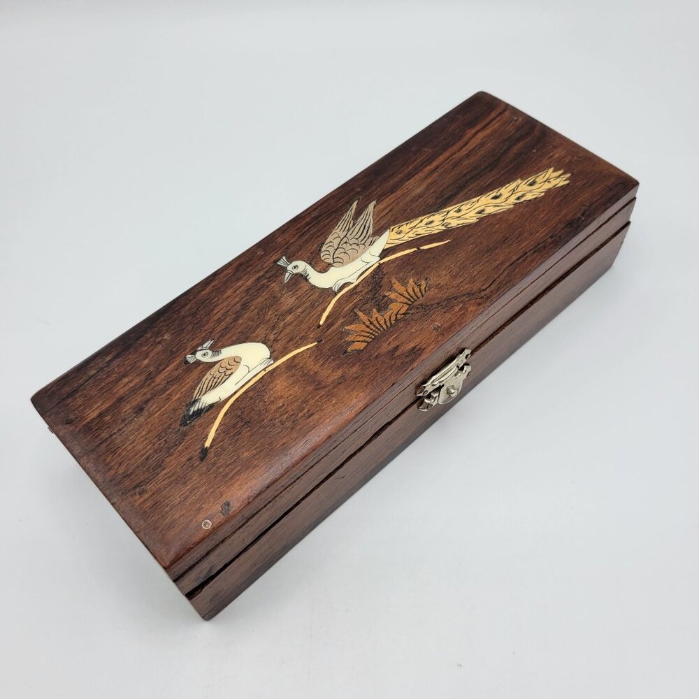 Vintage Handcrafted Wooden Jewelry Trinket Box Inlaid Peacock Design Metal Latch